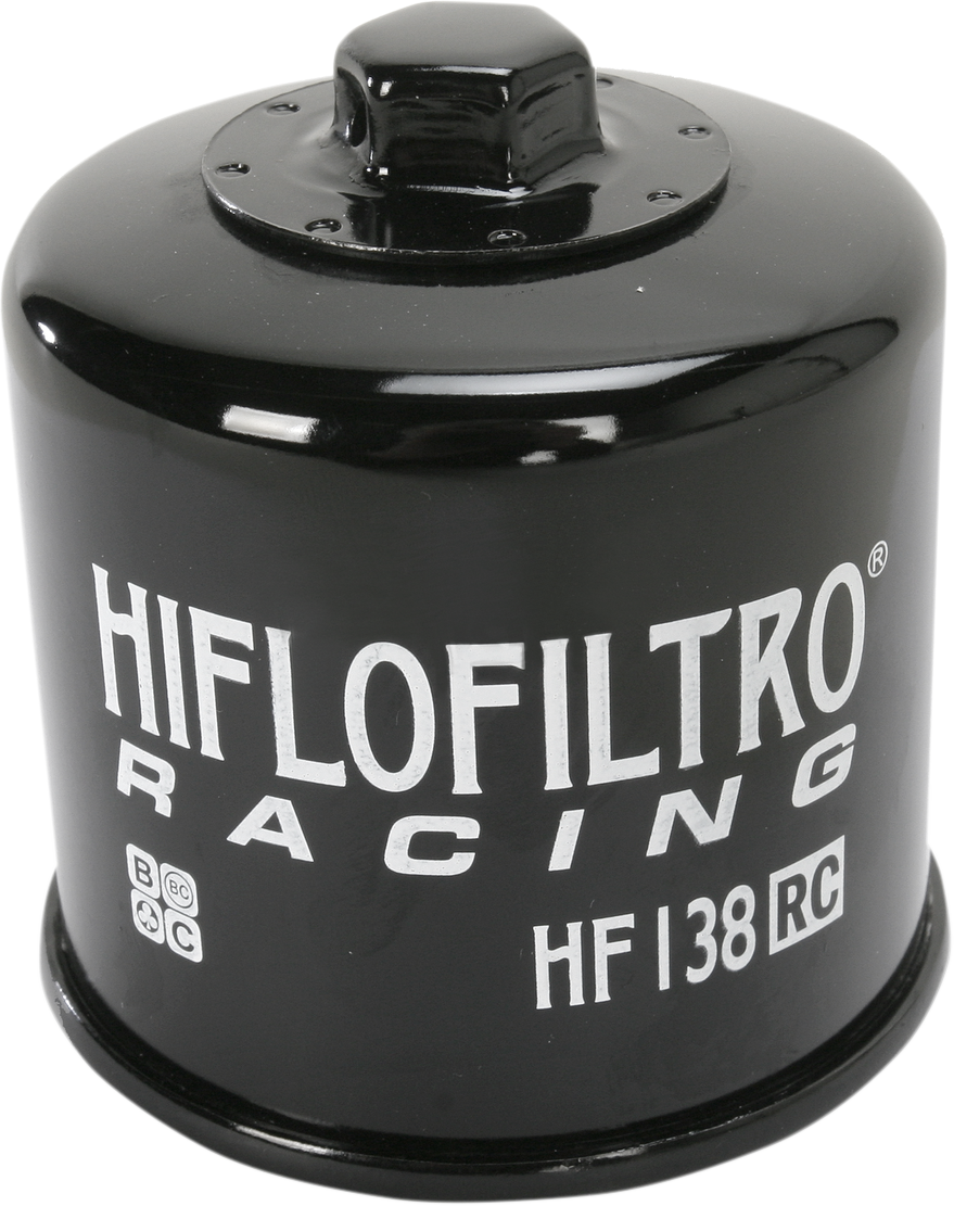 Hiflofiltro racing motorcycle oil filter with safety-wire nut