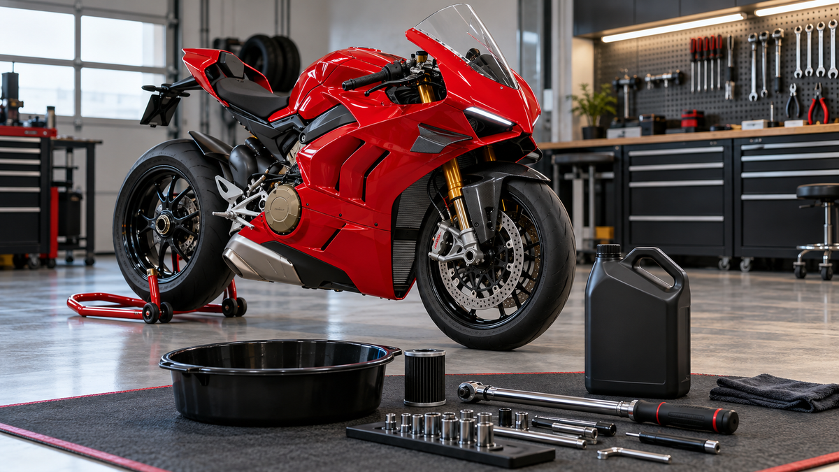 Original editorial image of a red 2020 Ducati Panigale V4-generation motorcycle prepared for an oil change