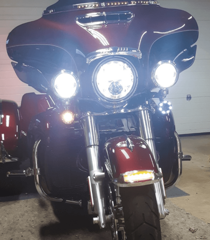 Eagle Lights 2” Infinity Beam Front LED Turn Signals with Integrated Trim Rings and White Halo Running Lights for Harley-Davidson® Motorcycles