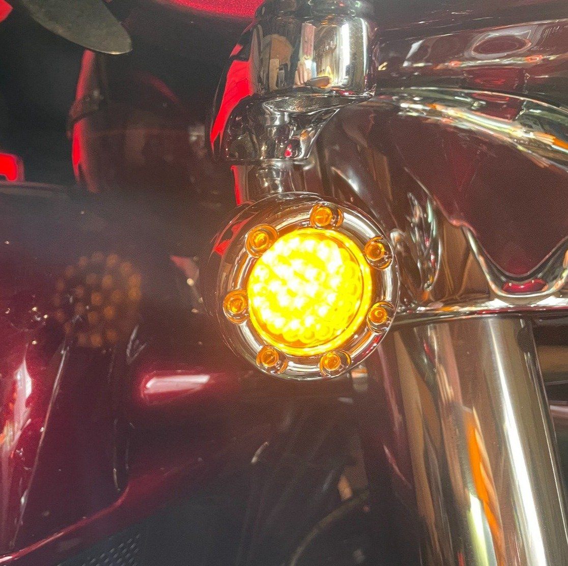 Eagle Lights 2” Infinity Beam Front LED Turn Signals with Integrated Trim Rings and White Halo Running Lights for Harley-Davidson® Motorcycles