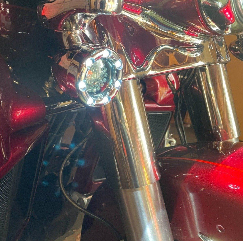 Eagle Lights 2” Infinity Beam Front LED Turn Signals with Integrated Trim Rings and White Halo Running Lights for Harley-Davidson® Motorcycles