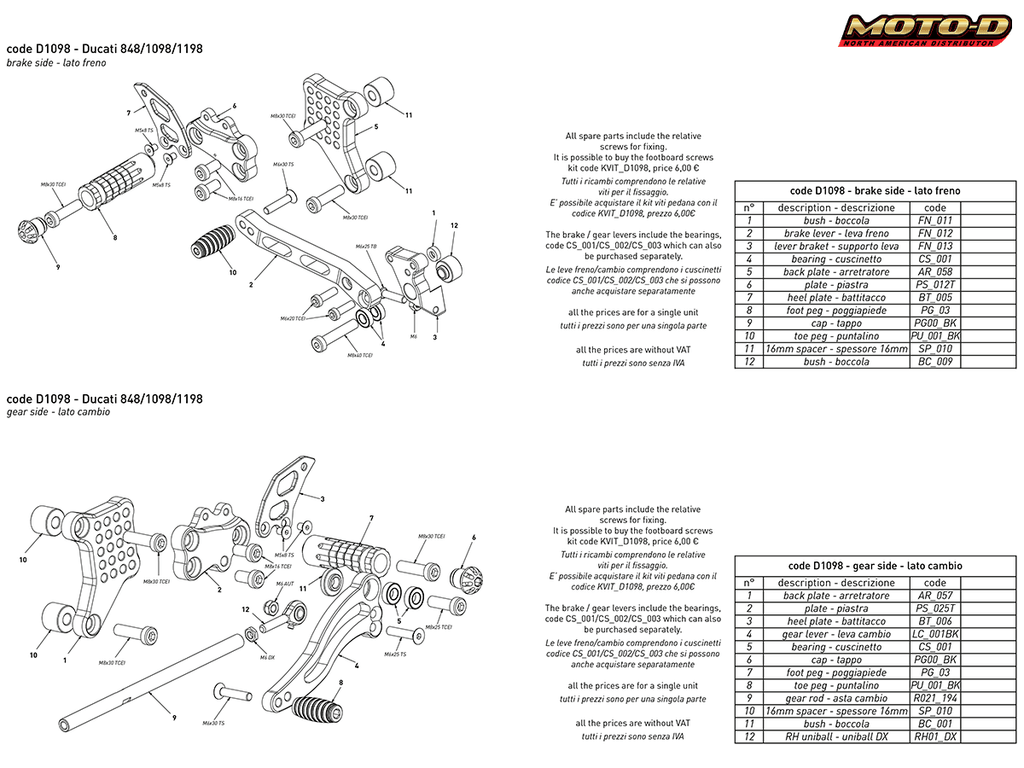 Bonamici Ducati 848, 1098, 1198 Rearsets