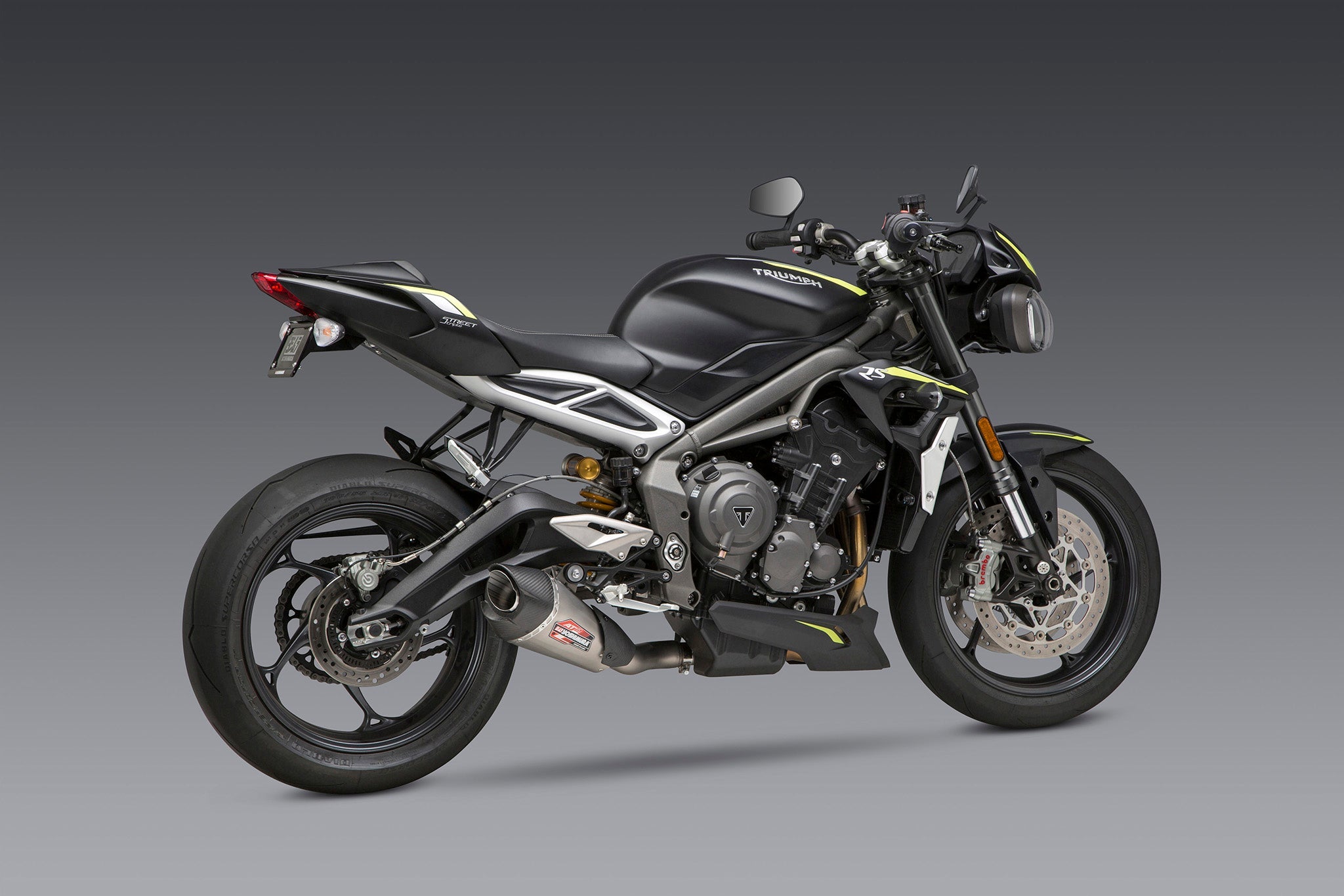 Yoshimura Street Triple 18-23 AT2 Stainless Slip-On Exhaust, w/ Stainless Muffler