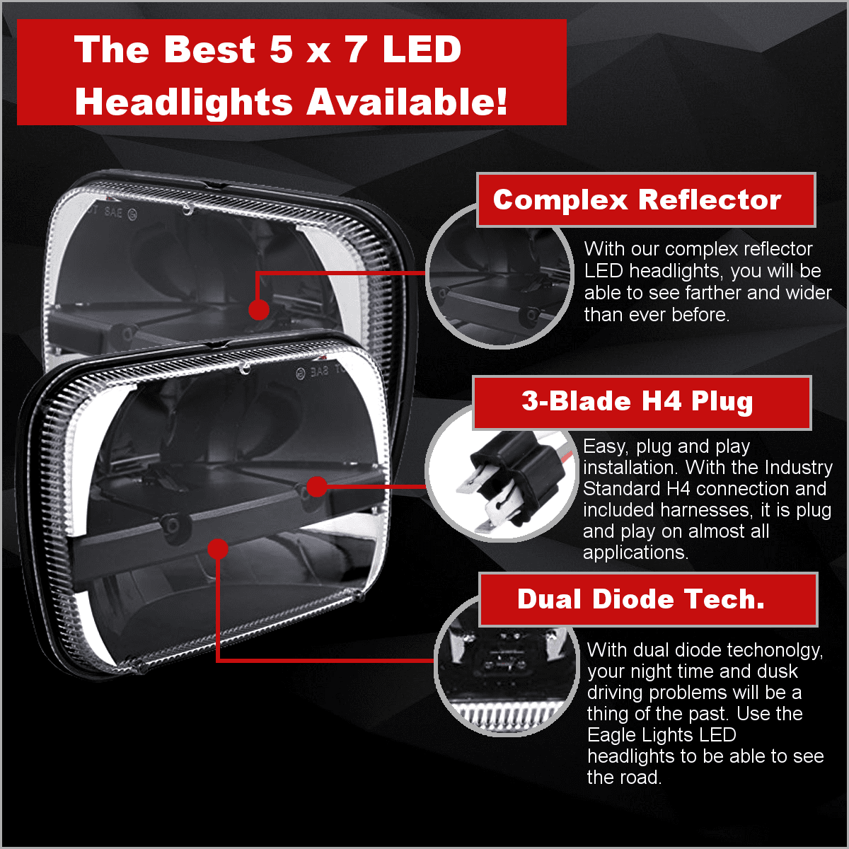 Eagle Lights Complex Reflector 5 x 7 LED Headlight w/ Negative Harness For Toyota Models