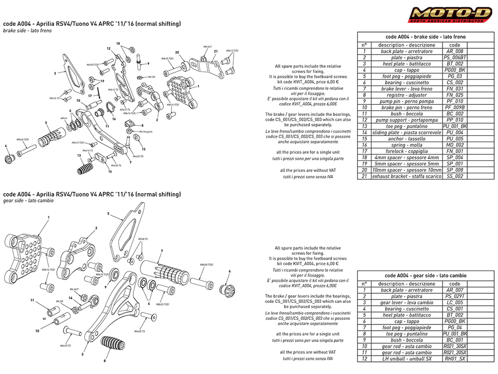 Bonamici Aprilia RSV4 / Tuono V4 Rearsets w/APRC (11-16)
