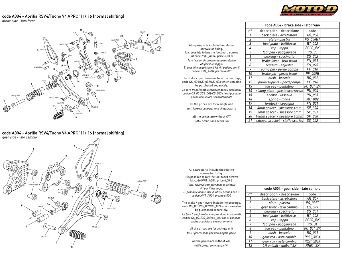 Bonamici Aprilia RSV4 / Tuono V4 Rearsets w/APRC (11-16)