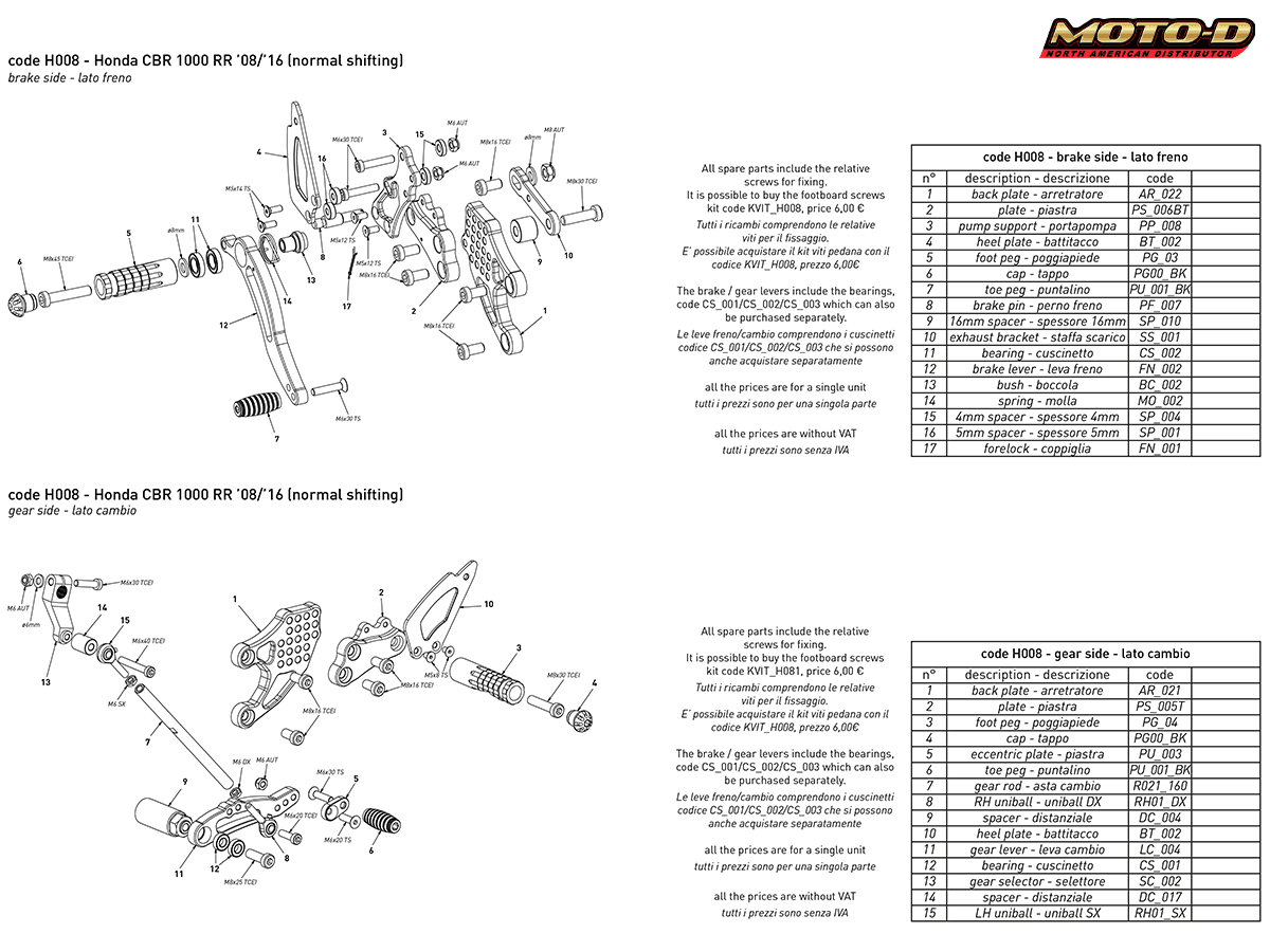 Bonamici Honda CBR 1000RR Rearsets (08-16)