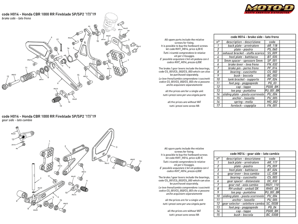 Bonamici Honda CBR 1000RR Fireblade Rearsets (2017+)