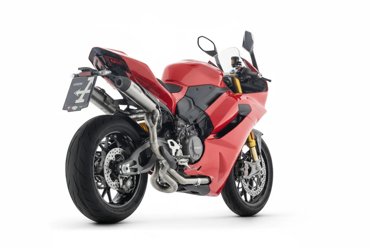 Arrow Ducati Panigale V2/V2s E5+ 2025 Rh/Lh Round Sil Titanium Silencers + Stainless Steel Link Pipe 77504pr