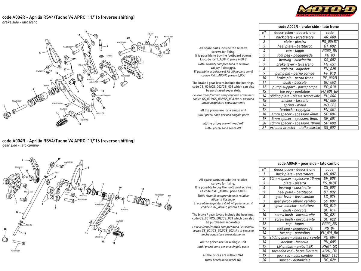 Bonamici Aprilia RSV4 / Tuono V4 Rearsets w/APRC (11-16)("GP" Shift)