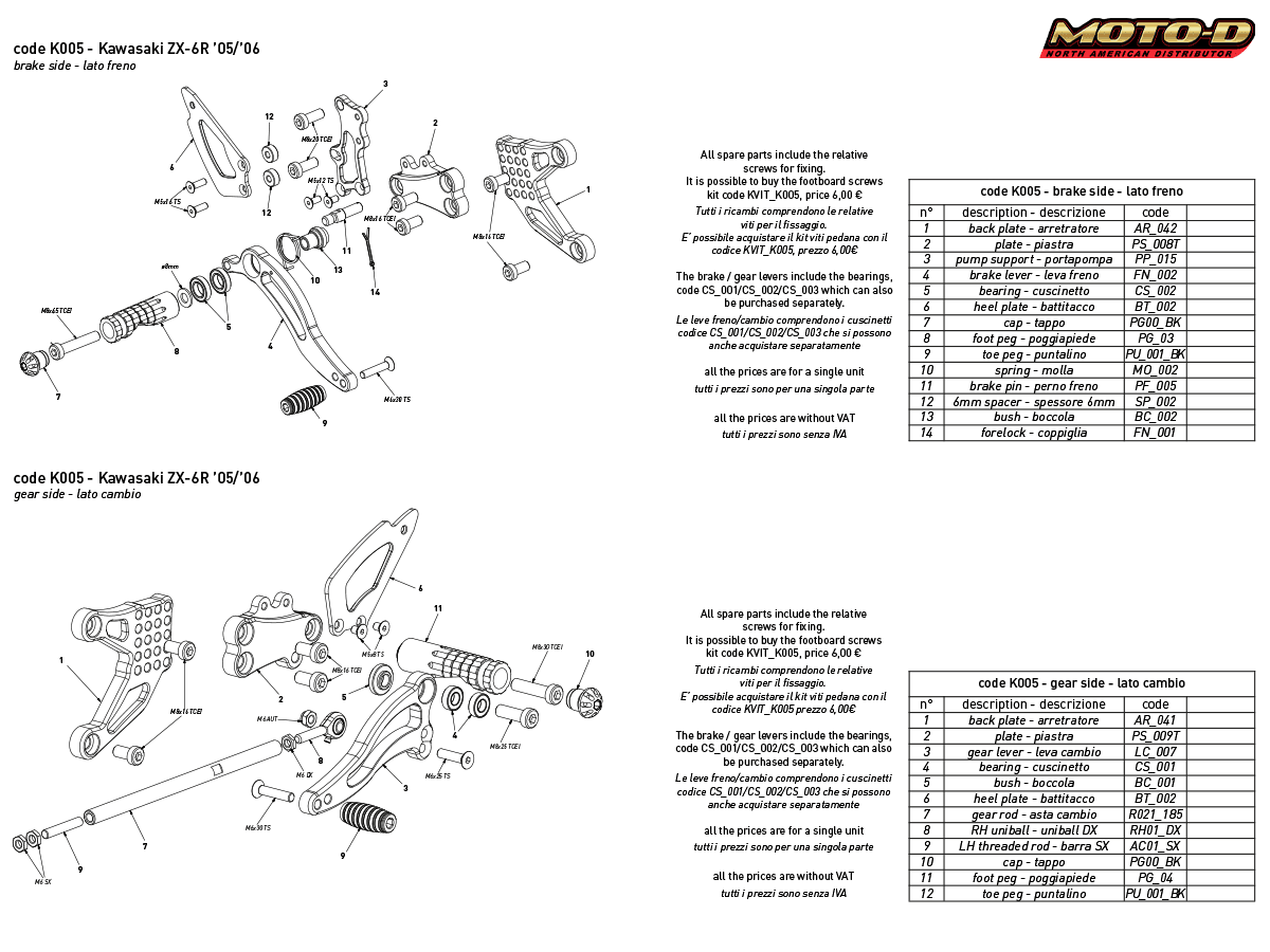 Bonamici Kawasaki Ninja ZX-6R Rearsets (05-06)