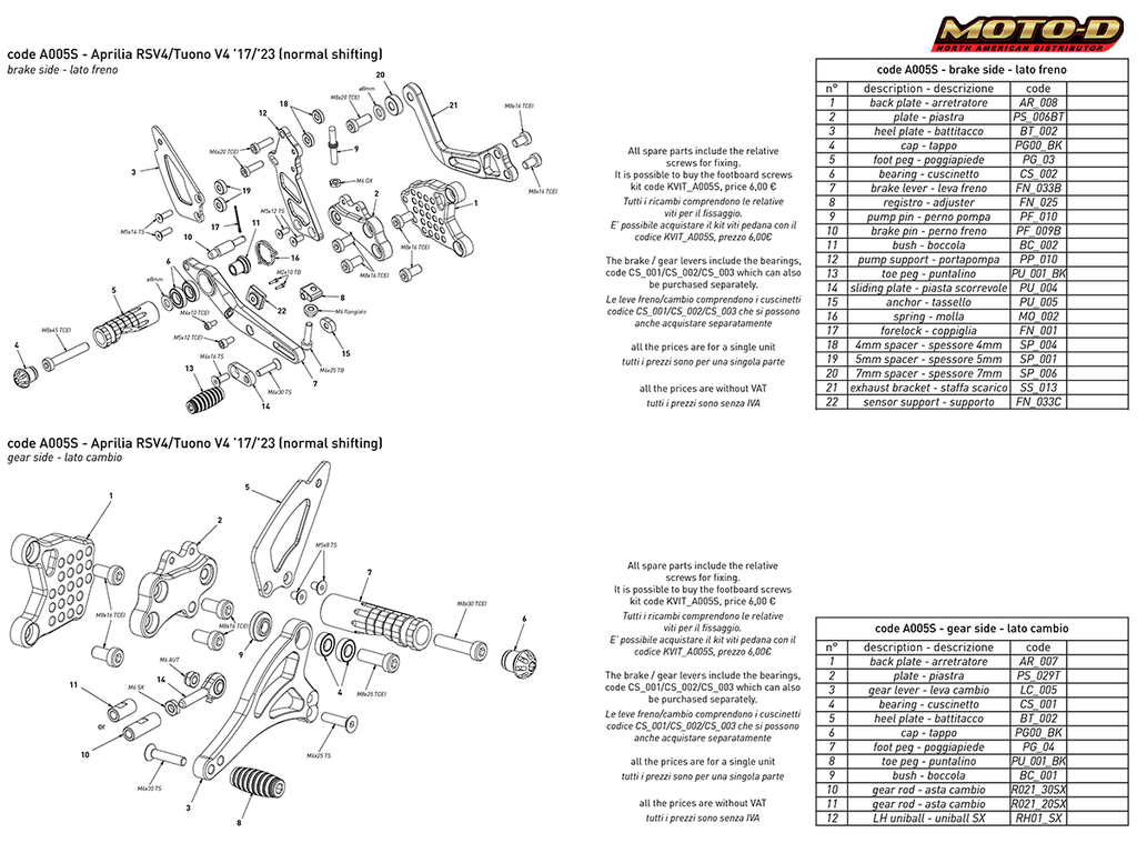 Bonamici Aprilia RSV4 / Tuono V4 Rearsets w/APRC (+ IBLS) (2017+)