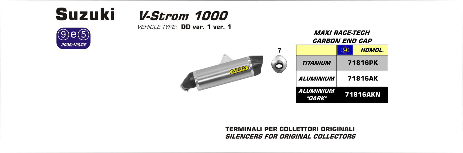 Arrow Suzuki Dl 1000 V-Strom V-Strom 1000 / 1050 2014-2019 Homologated Aluminium Maxi Race-Tech Silencer With Carbon End Cap For Original Collectors 71816ak