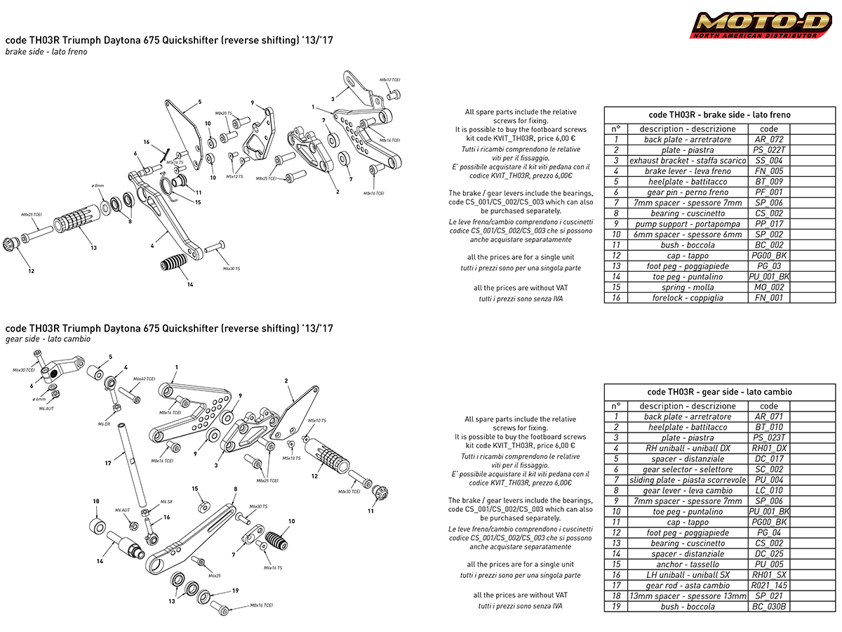 Bonamici Triumph 765 Daytona 675R Rearsets ("GP" Shift w/ QS)