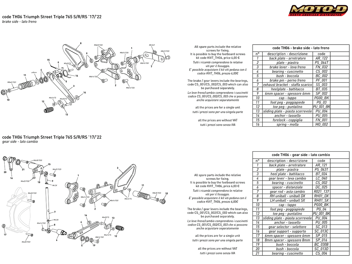 Bonamici Triumph Street Triple 765 S/R/RS Moto2 Rearsets (18-22)