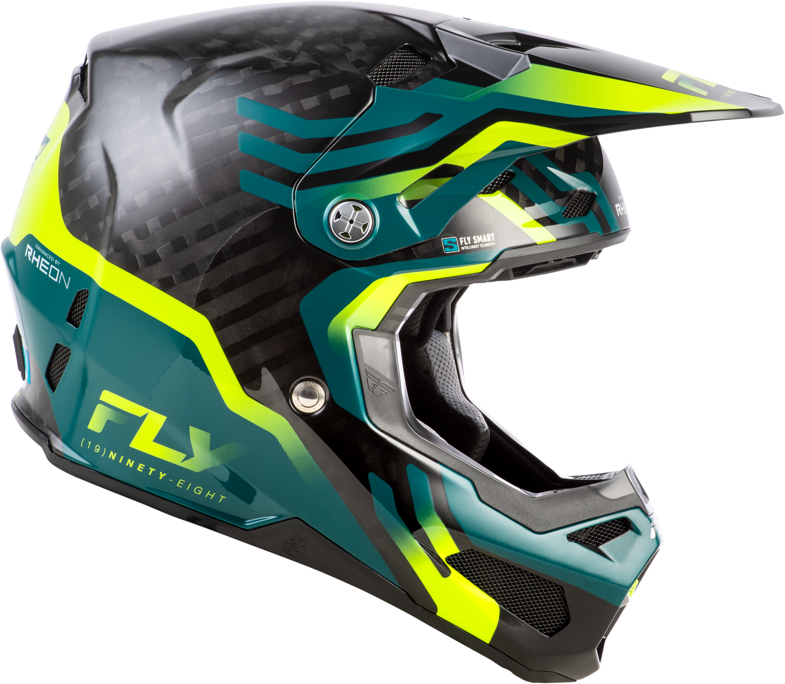 FLY Racing Formula S Carbon Byte Youth Helmet (2026) - Black Carbon / Teal / Lime - View 14