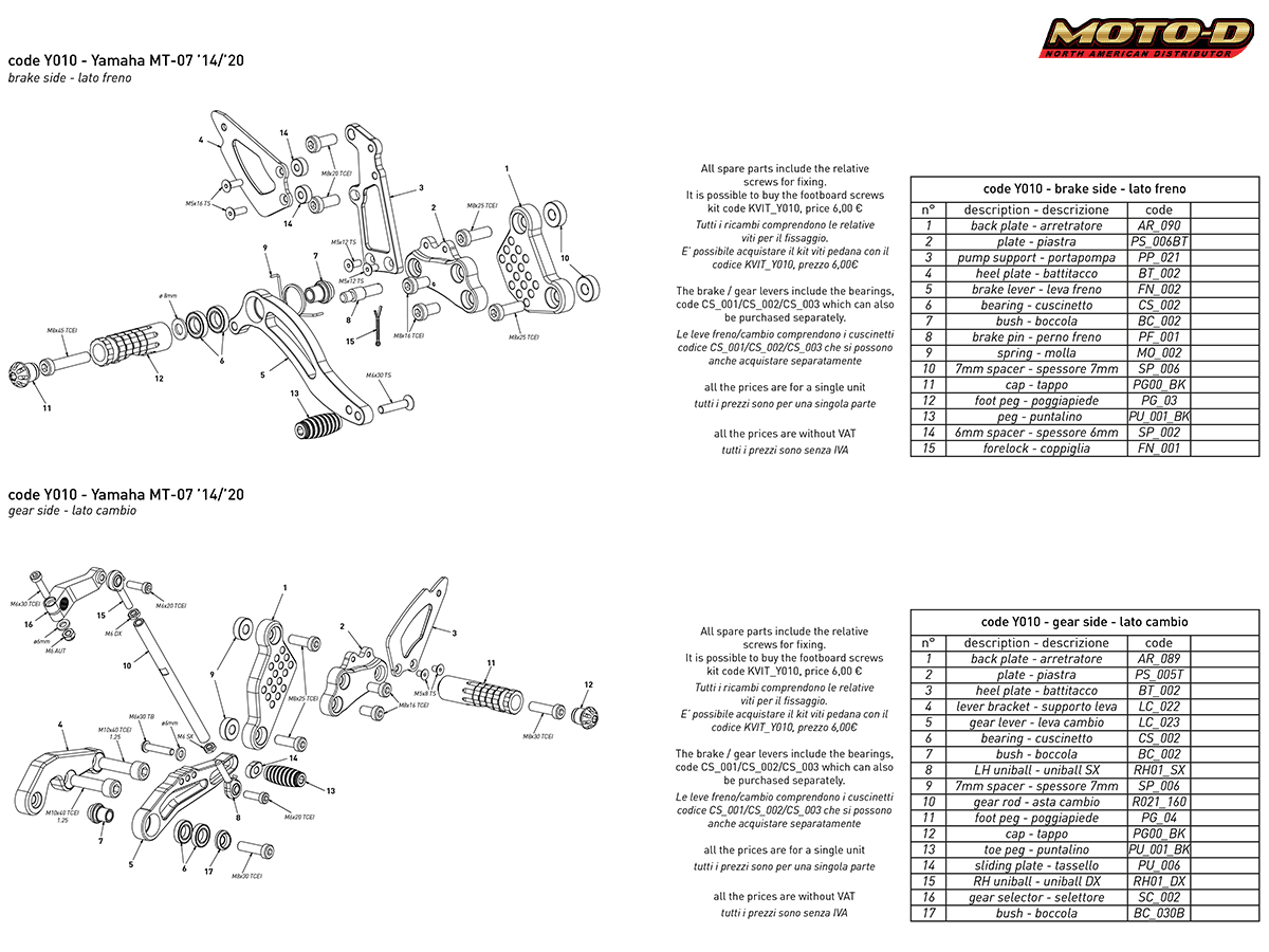 Bonamici Yamaha MT-07 Rearsets (14-20)