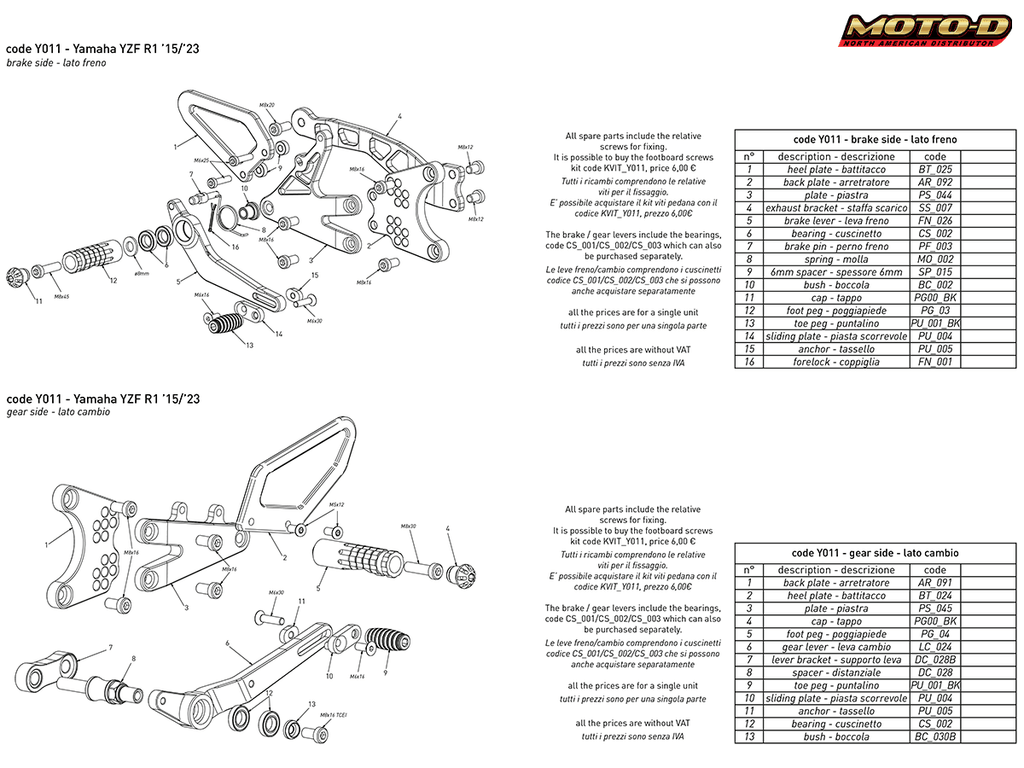 Bonamici Yamaha R1 Rearsets (2015+)