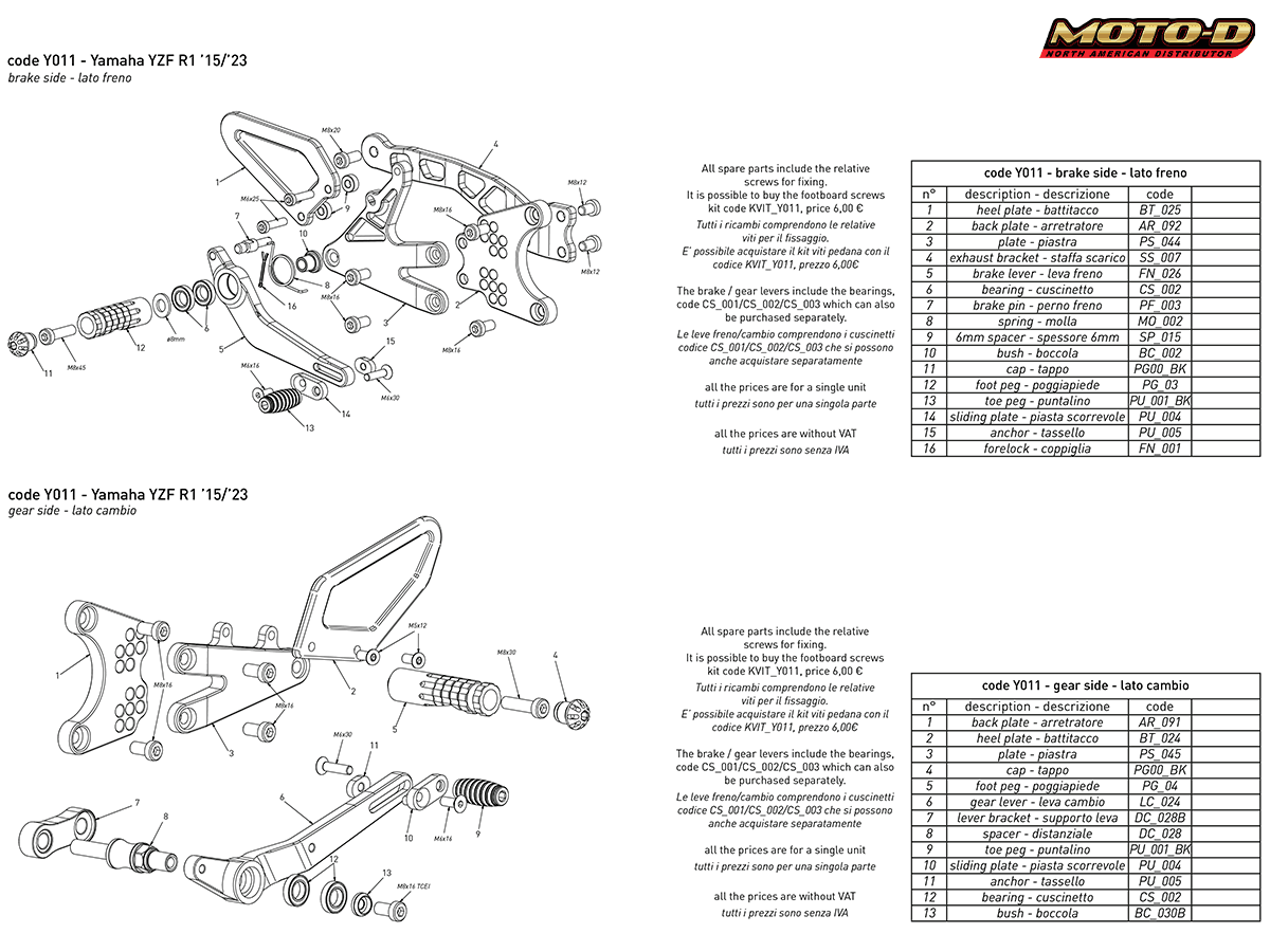 Bonamici Yamaha R1 Rearsets (2015+)