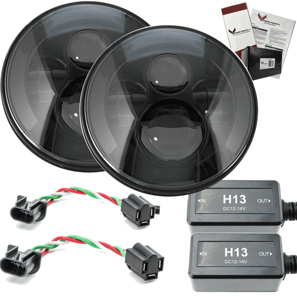 Eagle Lights 7" Round Black LED Projector Headlights (Pair) for Jeep Wrangler CJ JK TJ 97-2017 with Pair of Anti Flicker Harnesses