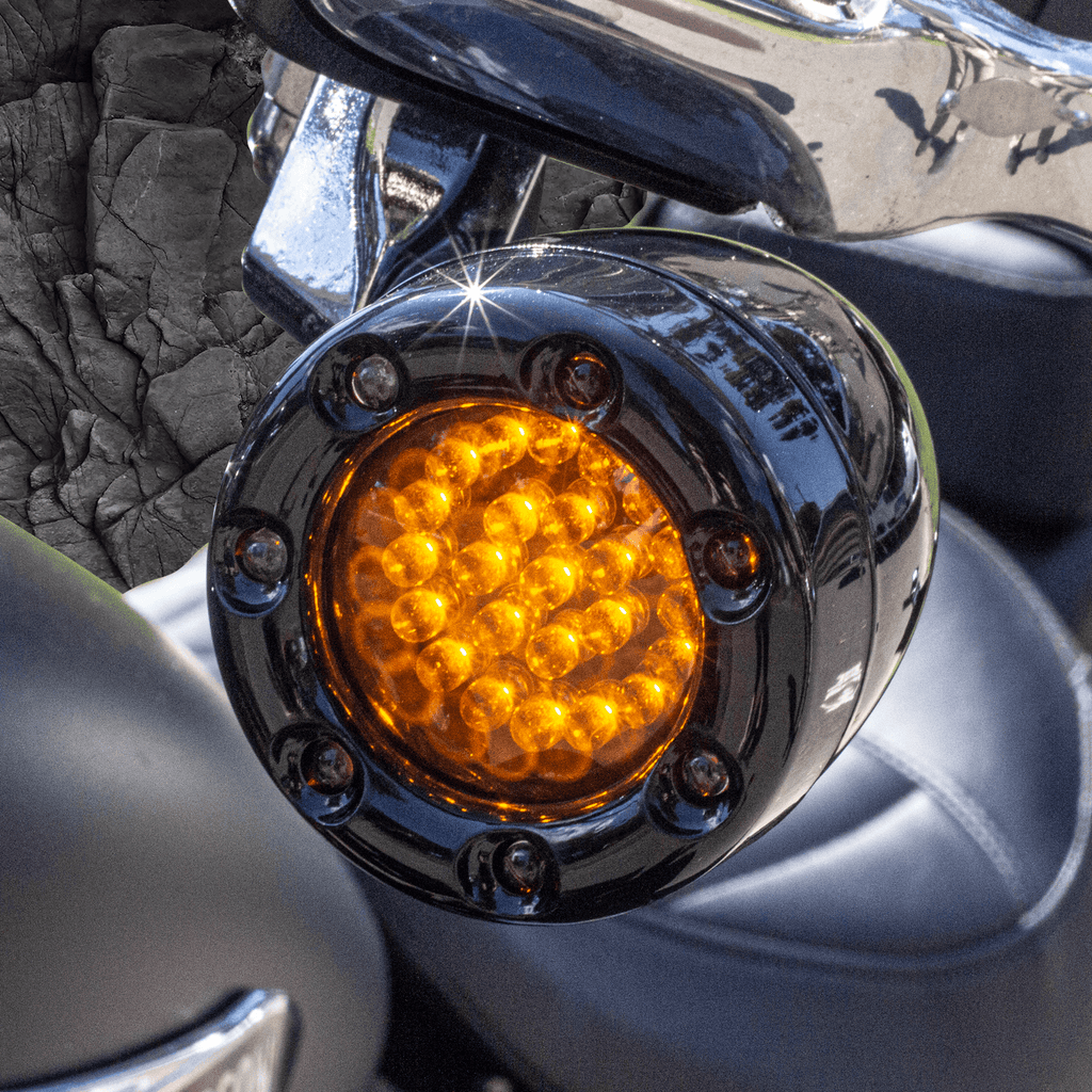 Eagle Lights 2” Infinity Beam Front LED Turn Signals with Integrated Trim Rings and White Halo Running Lights for Harley-Davidson® Motorcycles