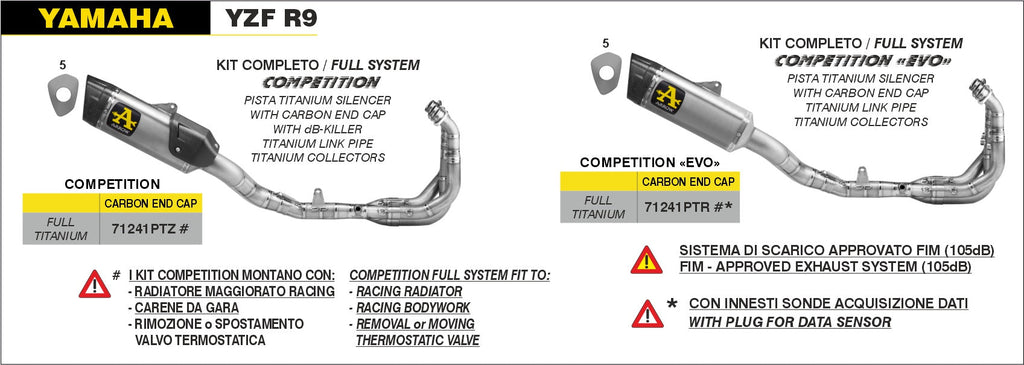 71241PTR Arrow Yzf R9 2025 Competition Evo Titanium Full system exhaust NO db killer 105db