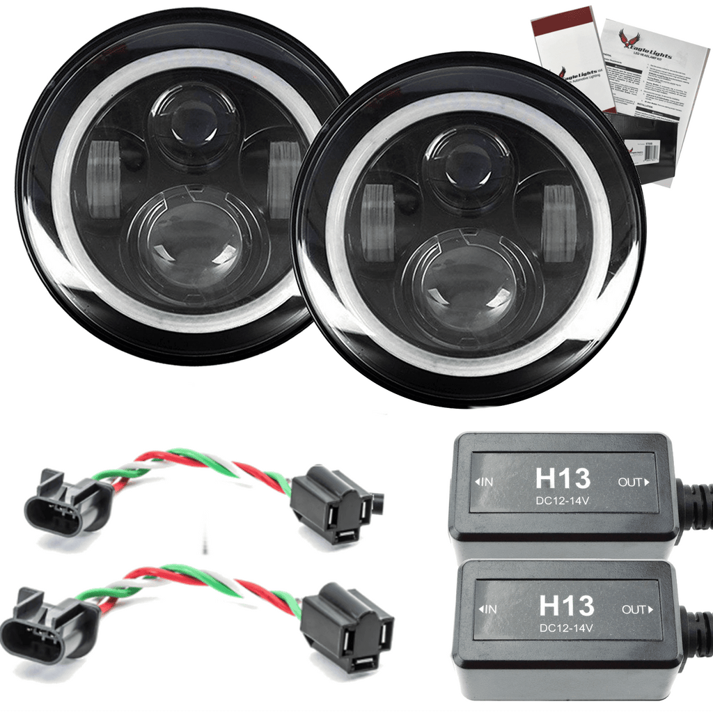 Eagle Lights 7" LED Headlight Kit for Jeeps with White LED Halo Rings - Double Pack