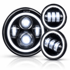 Eagle Lights 7" LED Headlight and 4.5" LED Passing Light Kit with Halo Rings for Harley-Davidson and Indian Motorcycles - Generation I / Black