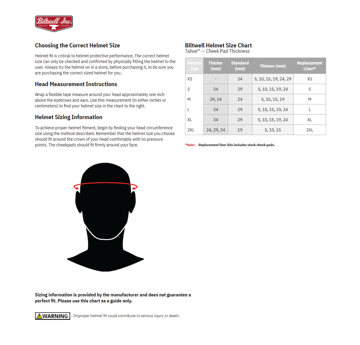 BILTWELL Tahoe™ Liner Kit - with Cheek Pads / Small 0134-4428
