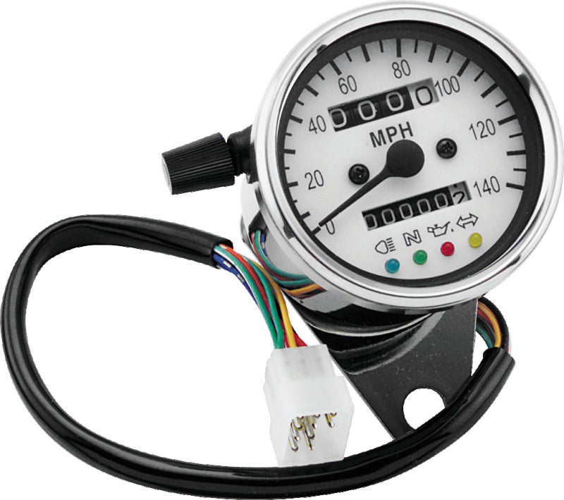 Bikers Choice 2.5 Inch Chrome 2:1 Universal Mini Speedo w LED Indicators White Face 140 Mph - 490291
