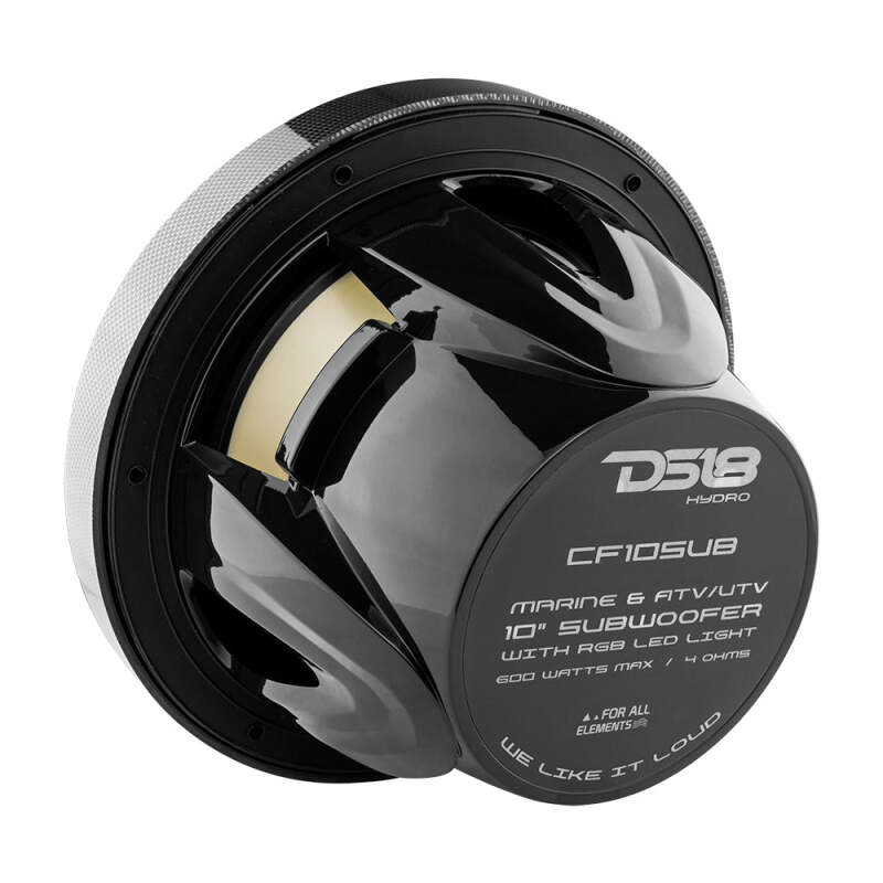 DS18 NXL Marine Subwoofer With RGB LEDs 10in 300 Watts RMS 4 ohm SVC Black Carbon Fiber - CF-10SUB