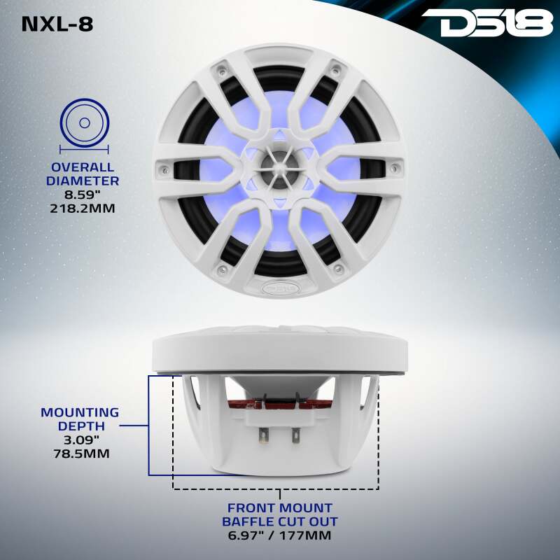 DS18 NXL Series Coaxial Marine Speaker w/ RGB Lights 8in 2-Way 125 Watts RMS 4 ohm White - NXL-8