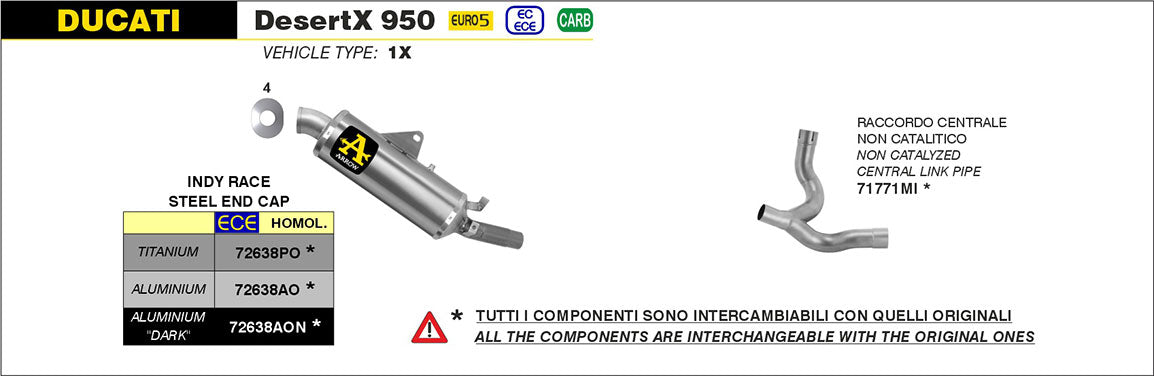 IN STOCK OPEN BOX Arrow Indy Race Slip-on Exhaust, Aluminum for Ducati DesertX 950 2022-2024 72638AO