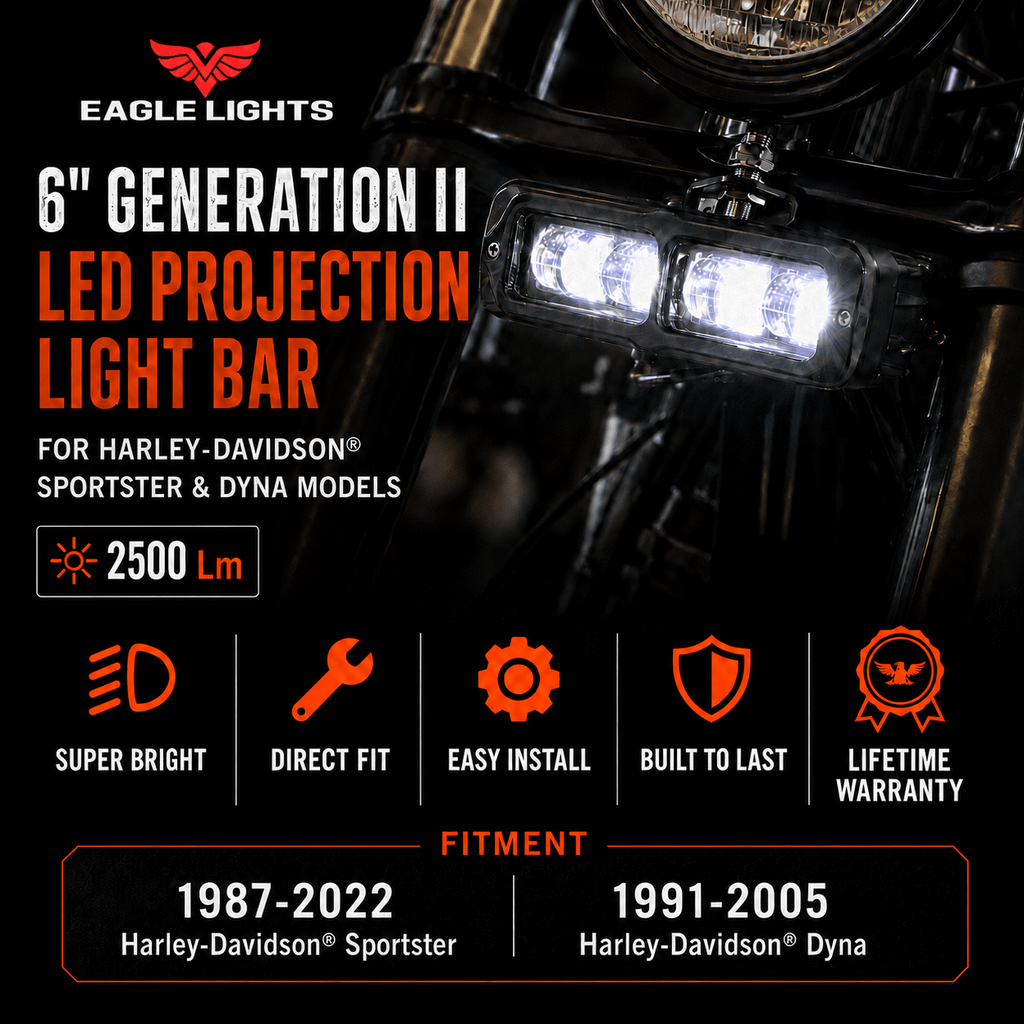 Eagle Lights 6" Generation II LED Projection Light Bar with Plug and Play Harness for 1987-2022 Harley-Davidson® Sportster and 1991-2005 Harley-Davidson® Dyna