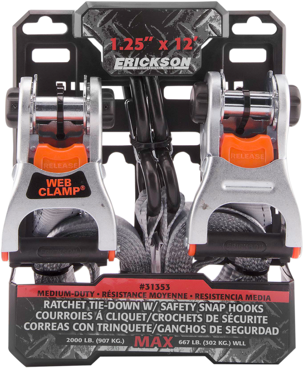 ERICKSON Ratchet Tie-downs with Web Clamps and Safety Hooks - Ratchet Tie-Down / 1.25" x 12' / Gray 3920-0417