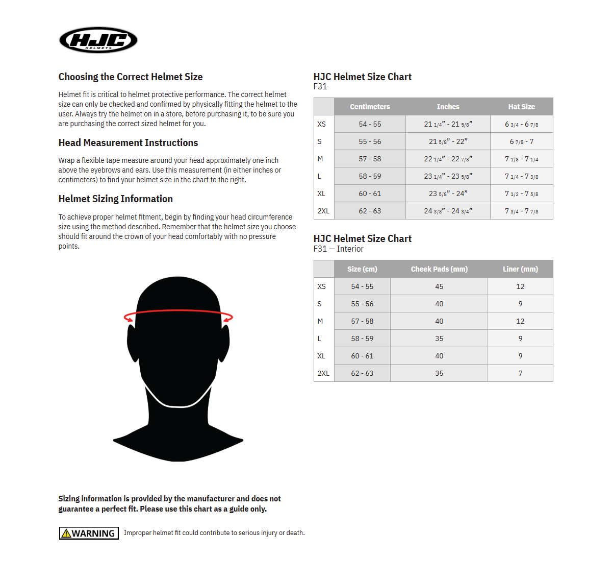 HJC F31 Helmet Comfort Liner