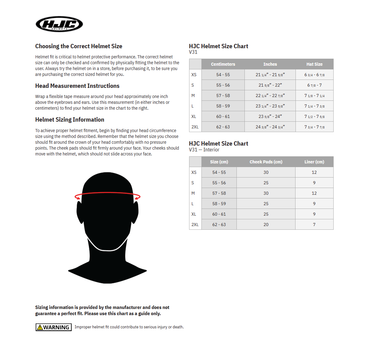 HJC V31 Helmet Comfort Liner