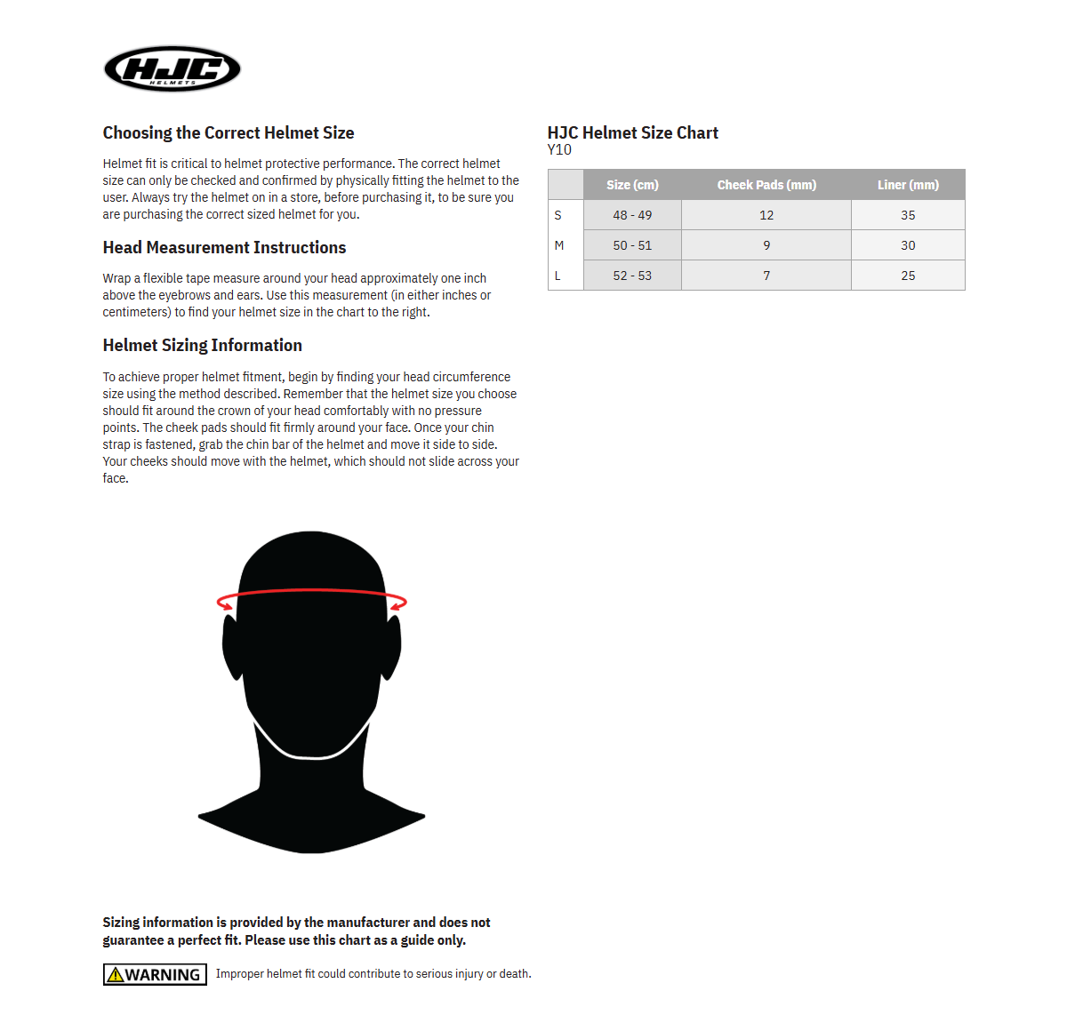 HJC Y10 Helmet Comfort Liner - Youth Y10 Liner / A/S / 15 mm 0134-4709