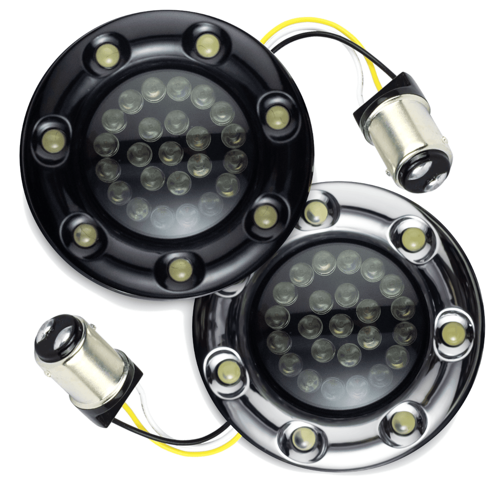 Eagle Lights 2” Infinity Beam Front LED Turn Signals with Integrated Trim Rings and White Halo Running Lights for Harley-Davidson® Motorcycles