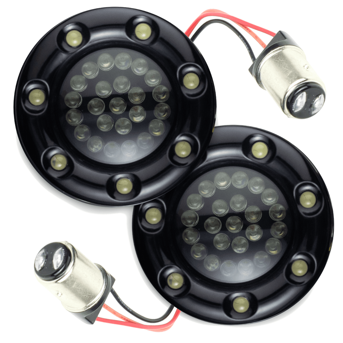 Eagle Lights Infinity Beam 2” Rear LED Turn Signals w/ Running and Brake Lights LED Ring Covers for Harley-Davidson® - Rear 1157 / Red LEDs