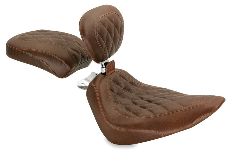 Mustang Motorcycle Mustang 2000-2015 Harley Softail Rear Tire Wide Tripper Solo Seat w/Driver Backrest - Distressed Brown - 79823