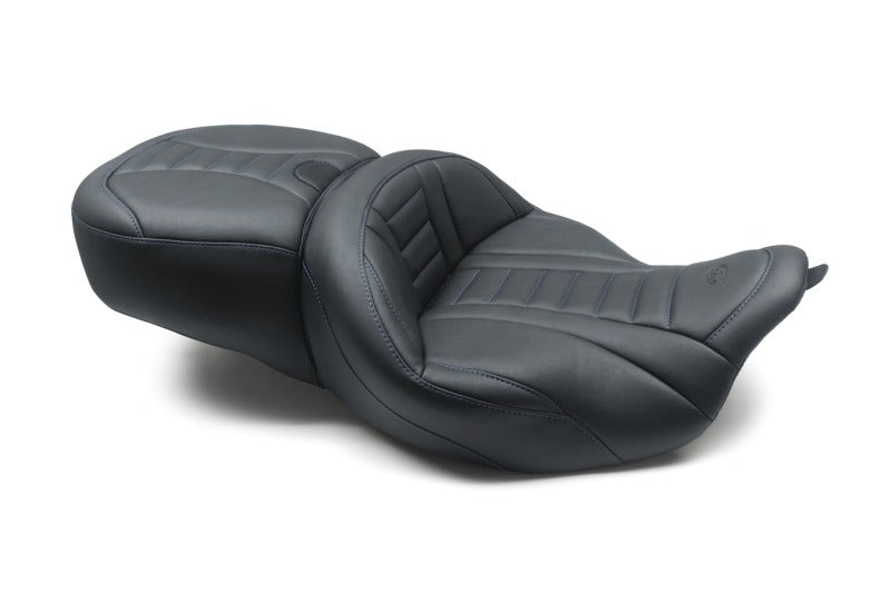 Mustang Motorcycle Mustang 2008-2021 Harley Electra Glide/Rd Glide/Rd King 1PC Seat Deluxe - Black w/ Sky Blue Stitching - 79006SB