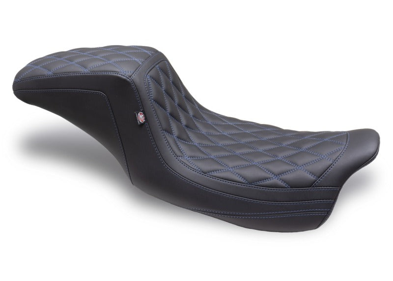 Mustang Motorcycle Mustang 2008-2024 HD FL Touring Double Diamond Squareback 1PC Seat - Black w/ Blue Stitching - 75299SB
