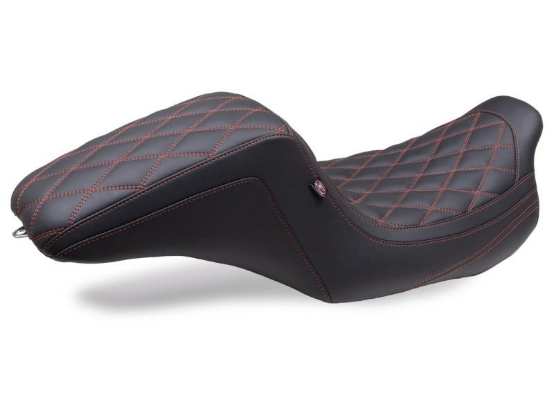 Mustang Motorcycle Mustang 2008-2024 HD FL Touring Double Diamond Squareback 1PC Seat - Black w/ Red Stitching - 75299AB