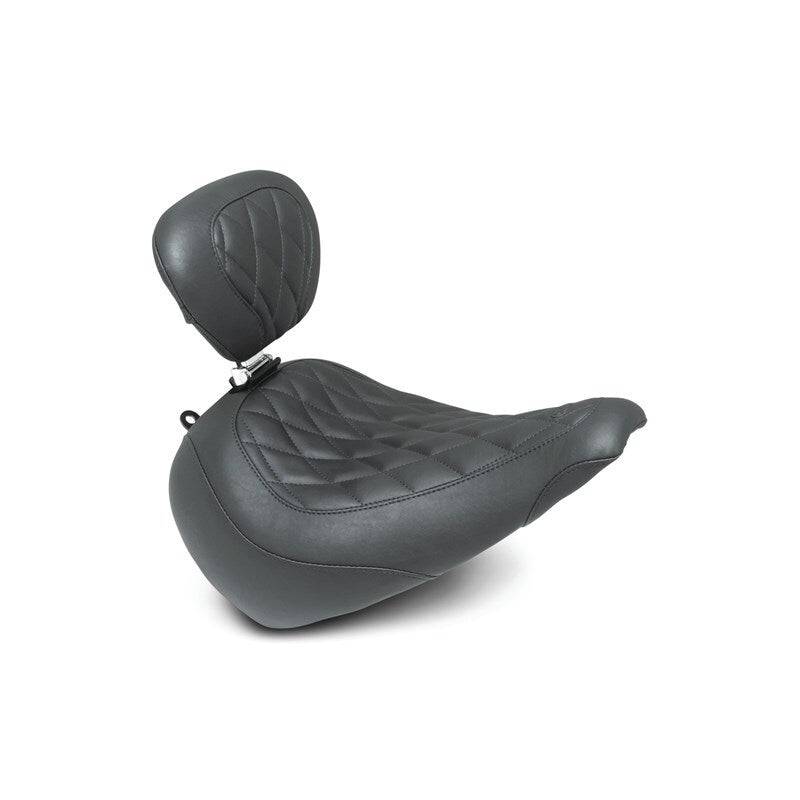 Mustang Motorcycle Mustang 2018-2021 Harley Fat Boy Wide Tripper Solo Seat w/Driver Backrest Diamond Stitch - Black - 83025