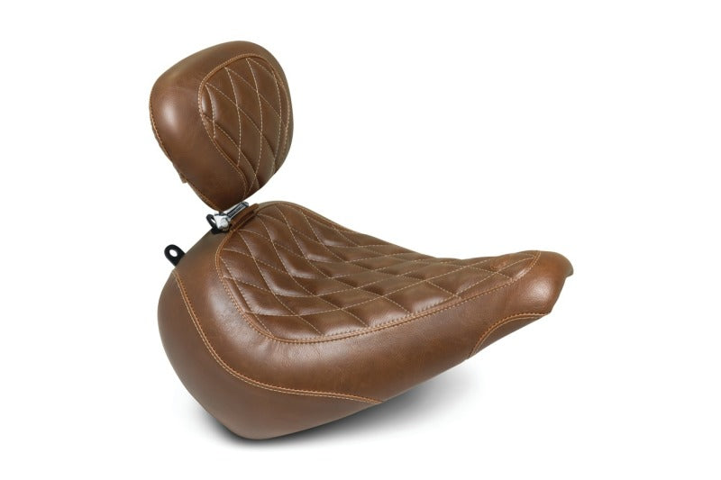 Mustang Motorcycle Mustang 2018-2021 Harley Fat Boy Wide Tripper Solo Seat w/Driver Backrest Diamond Stitch - Brown - 83022