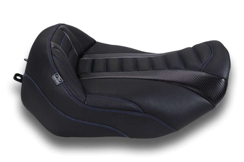 Mustang Motorcycle Mustang 2023-2026 Harley CVO Road Glide, Street Glide, Deluxe T Solo Blk w/Sky Blue Thread - 88401SB