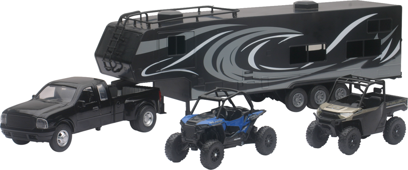 NEW RAY TOYS Pick Up Toy Hauler with Vehicles Set - Pick Up Toy Hauler w/ Polaris Vehicles Set / 1:18 Scale / Black/Blue/Red 7001-0082