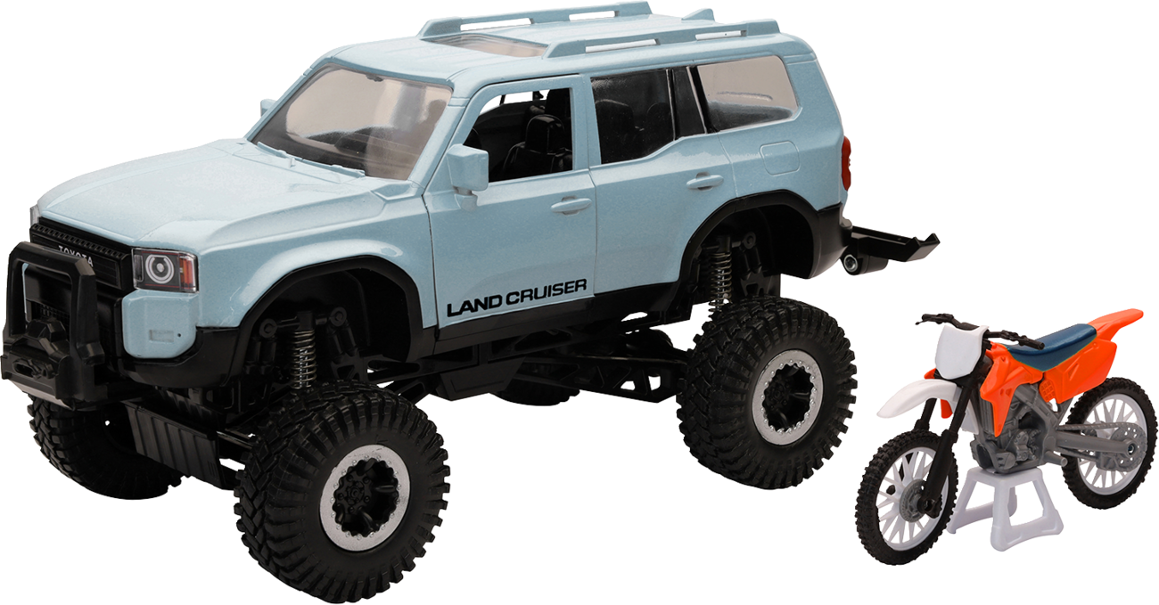 NEW RAY TOYS Toyota Land Cruiser with Dirt Bike - 1:18 Scale / Light Blue/Black/Orange 7001-0126