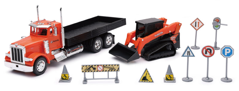 New Ray Toys Peterbilt 379 Flatbed Truck Roadwork Playset/ Scale - 1:32 - SS-34023A